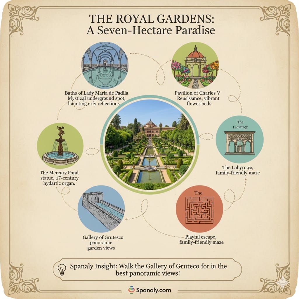 A colorful infographic of the Royal Alcázar of Seville gardens, featuring the Baths of Lady María de Padilla, the Mercury Pond, the Labyrinth, and the Gallery of Grutesco with Spanaly.com branding.