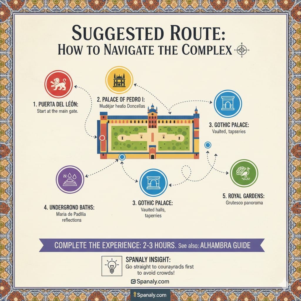 A helpful infographic map showing the suggested walking route through the Royal Alcázar of Seville, from Puerta del León to the Royal Gardens, with Spanaly.com branding.