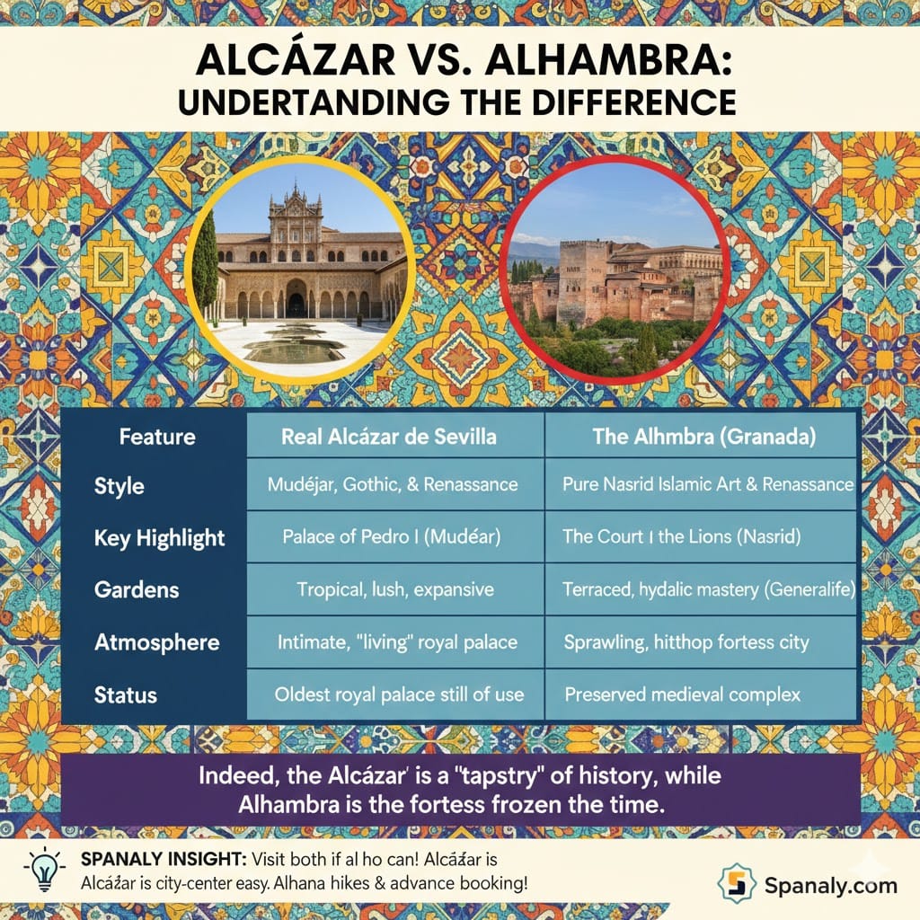 A comprehensive comparison infographic between the Royal Alcázar of Seville and the Alhambra of Granada, showcasing differences in architectural style, gardens, and historical status with Spanaly.com branding.