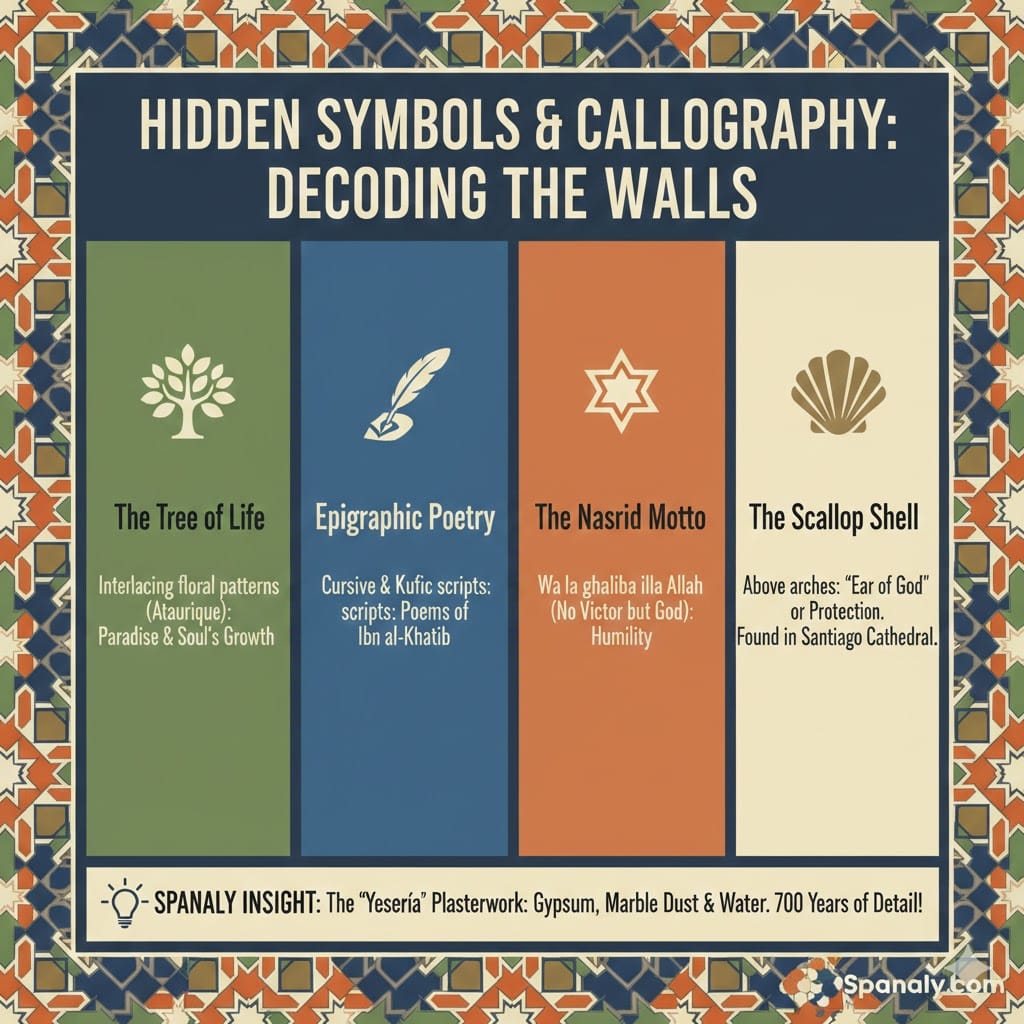 A colorful infographic titled "Hidden Symbols & Calligraphy: Decoding the Walls" of Alhambra. It features four sections: The Tree of Life, Epigraphic Poetry, The Nasrid Motto, and The Scallop Shell, with a Spanaly Insight about the "Yesería" plasterwork technique.