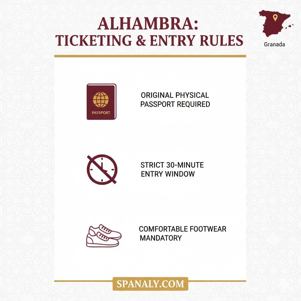 Comprehensive infographic of Alhambra entry rules in Granada, highlighting the original passport requirement, strict 30-minute entry window, and comfortable shoes, featuring Spanaly.com branding.