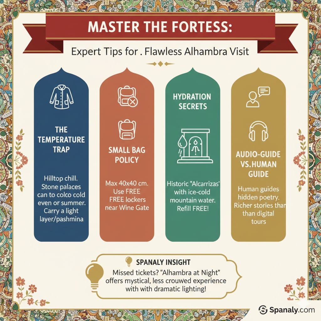 An expert tips infographic for visiting the Alhambra in Granada, covering the temperature trap, small bag policy (40x40 cm), free water fountain locations (Alcarrizas), and choosing between audio and human guides, with a Spanaly insight about night tickets.