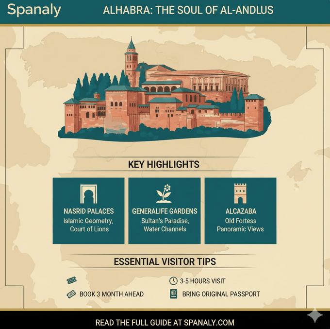 Comprehensive infographic guide to Alhambra Granada, featuring Nasrid Palaces, Generalife gardens, and essential visitor tips by Spanaly