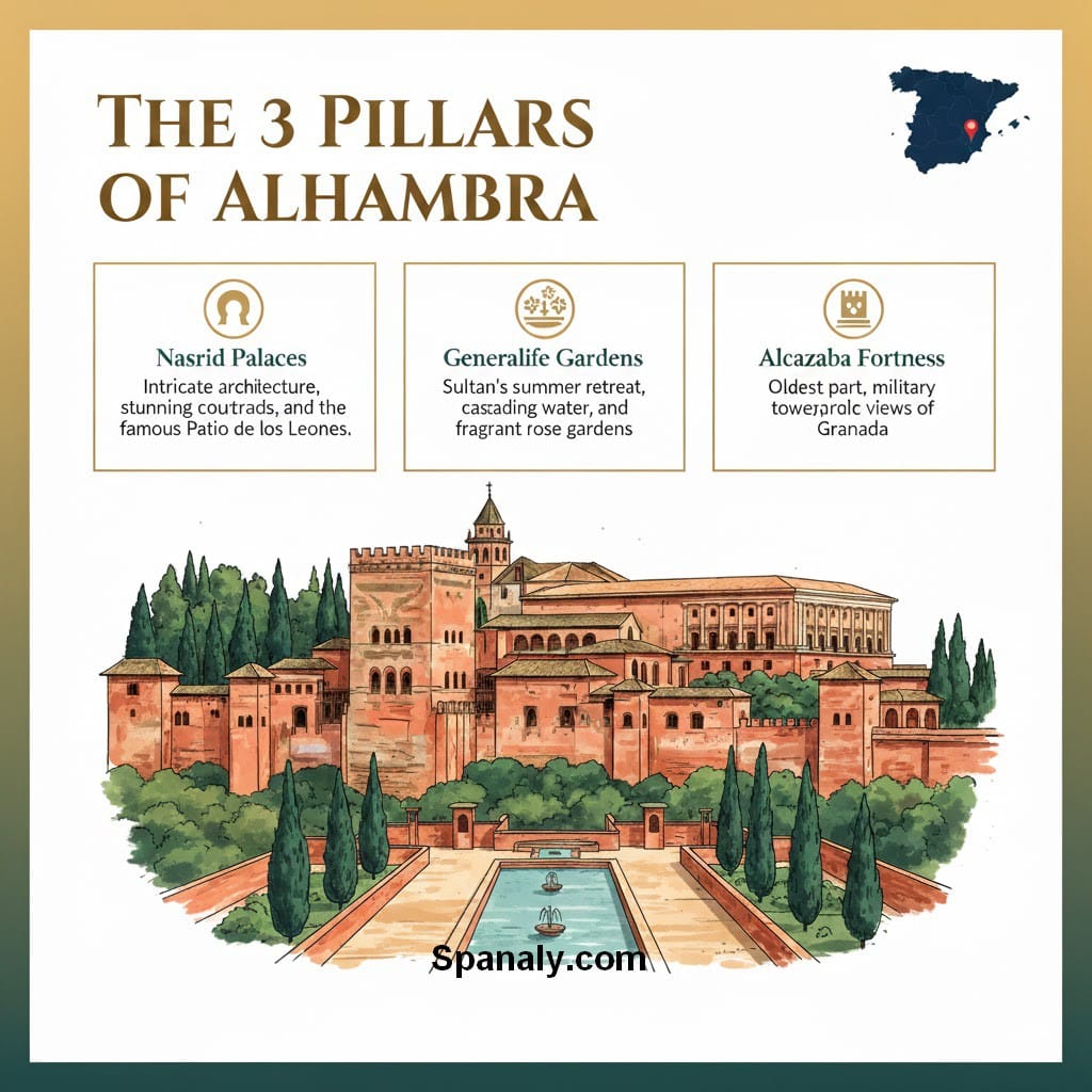 Comprehensive infographic of the Alhambra in Granada, Spain, illustrating the Nasrid Palaces, Generalife Gardens, and Alcazaba fortress with a Spain travel map for tourism SEO.
