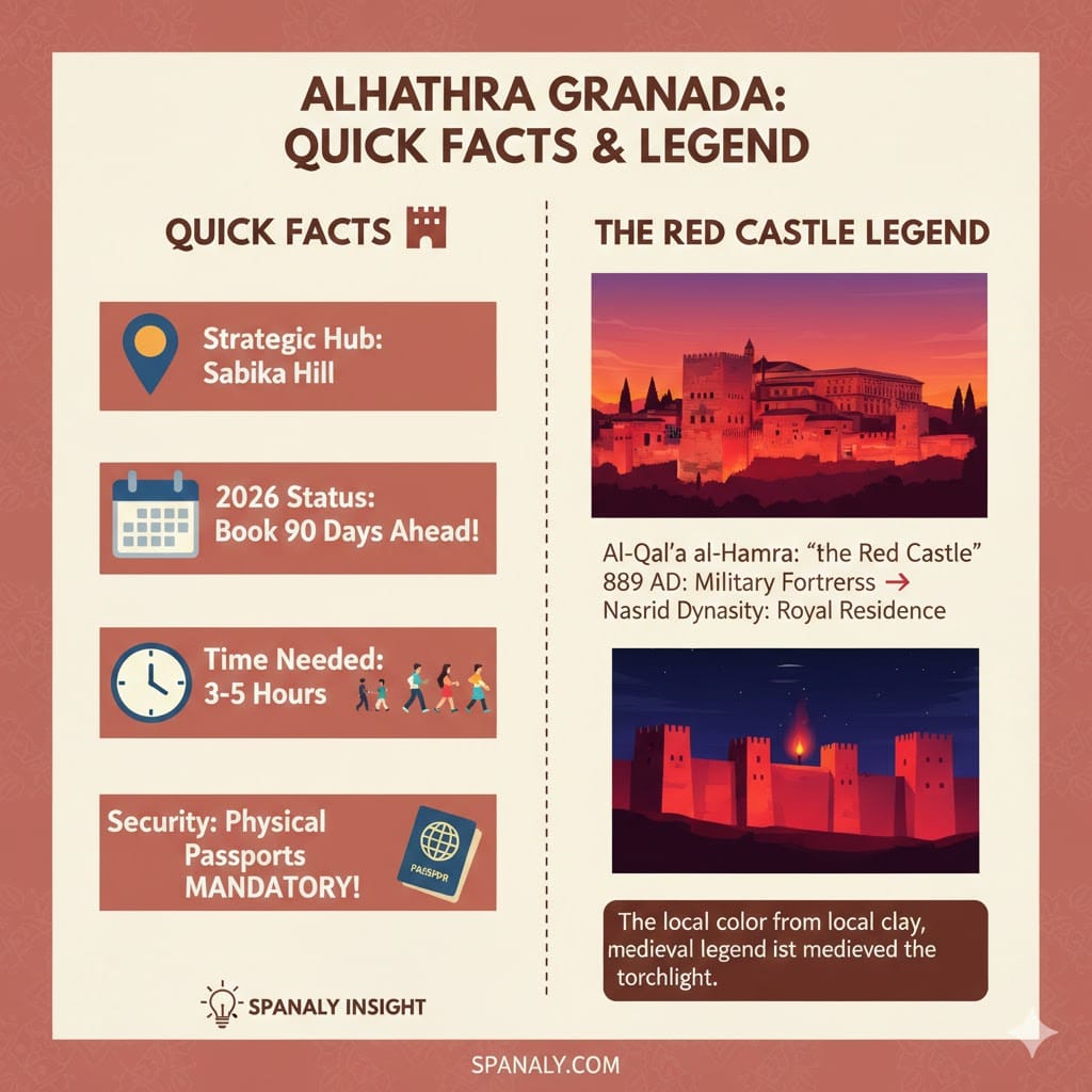 A colorful infographic for Alhambra Granada showing quick facts such as its location on Sabika Hill, 2026 booking status, and mandatory passport rule. It also illustrates the "Red Castle" legend with a sunset view and torchlight built-at-night myth with Spanaly.com branding.
