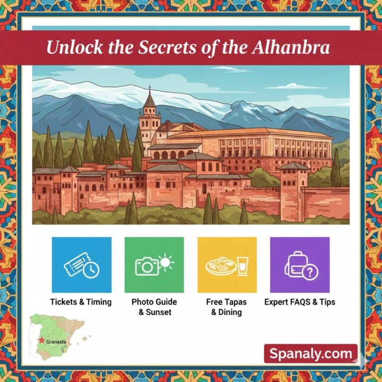 A vibrant featured image for the Alhambra Granada guide. It shows a large illustration of the Alhambra palace with the Sierra Nevada mountains, icons for tickets, photography, dining, and expert tips, the headline 'Unlock the Secrets of the Alhambra', a small map of Spain highlighting Granada, and the Spanaly.com logo.