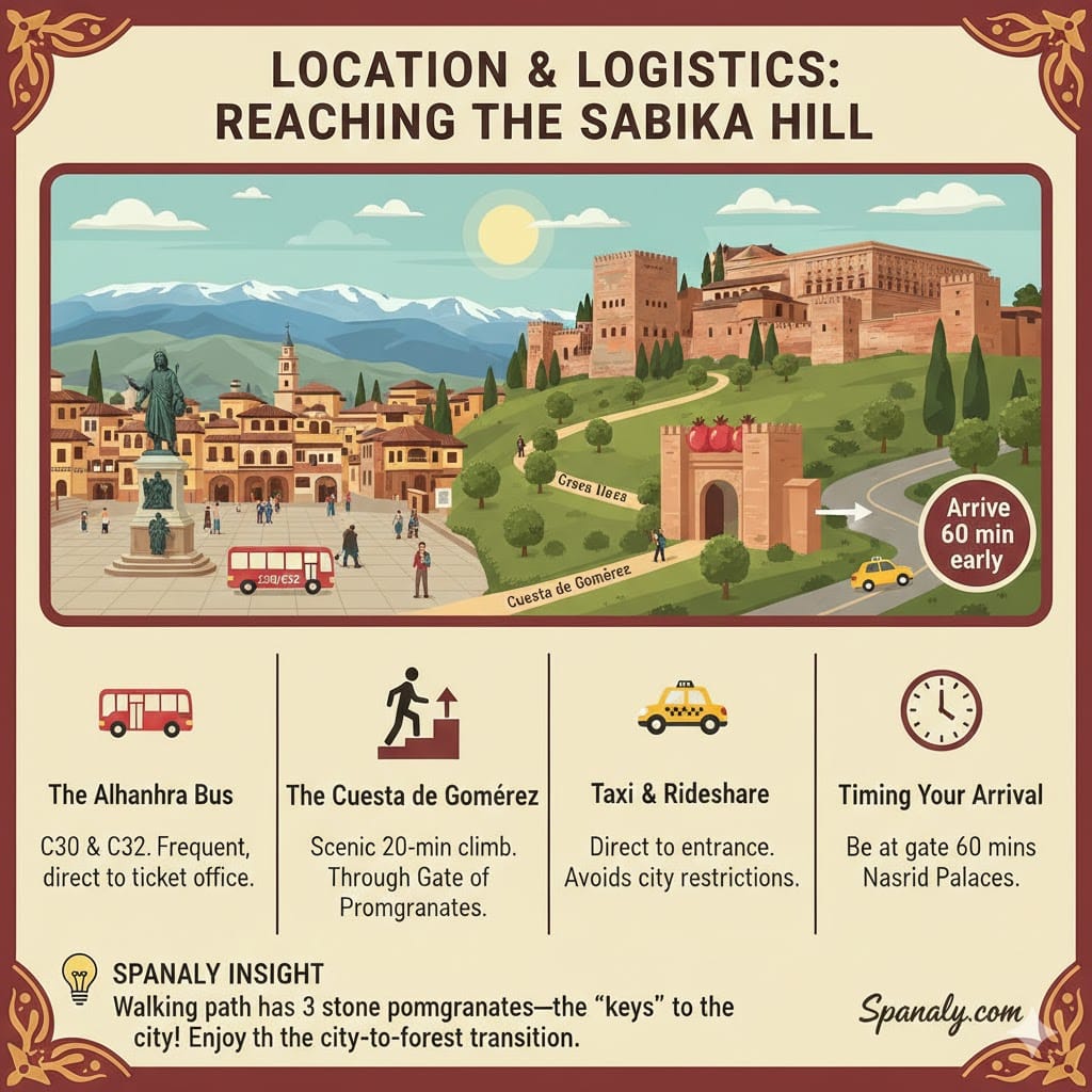 An infographic showing transportation options to the Alhambra in Granada, including the C30/C32 buses from Plaza Isabel la Católica, the scenic walking route through Cuesta de Gomérez and Gate of Pomegranates, taxi services, and arrival timing advice.