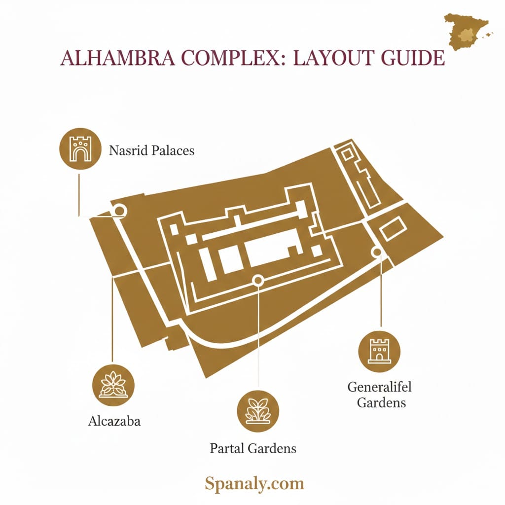 Illustrative map of Spain highlighting Granada and the Alhambra Palace layout, including Nasrid Palaces, Generalife, and Alcazaba, with Spanaly.com branding for travel SEO.