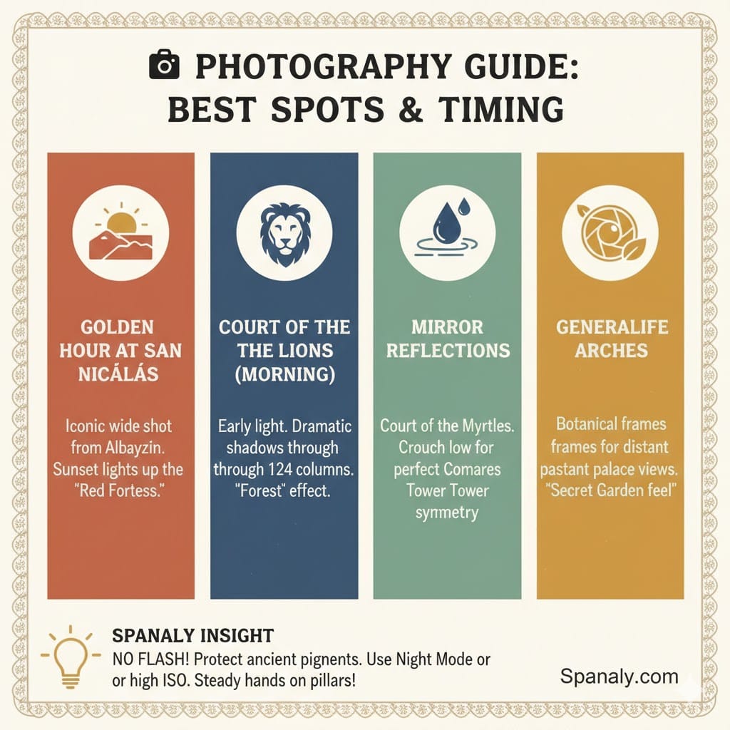 A photography guide infographic for Alhambra Granada, featuring four top spots: Golden Hour at San Nicolás, Court of the Lions in morning light, Mirror Reflections in Court of the Myrtles, and Generalife Arches. It includes a Spanaly insight warning against using flash to protect ancient pigments.