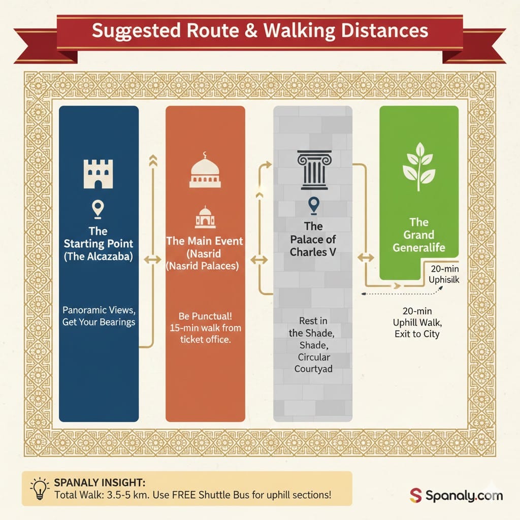 A colorful infographic map showing the suggested walking route in the Alhambra, starting from the Alcazaba to the Nasrid Palaces, through the Palace of Charles V, and ending at the Generalife gardens. It includes walking times and a tip about the internal shuttle bus.