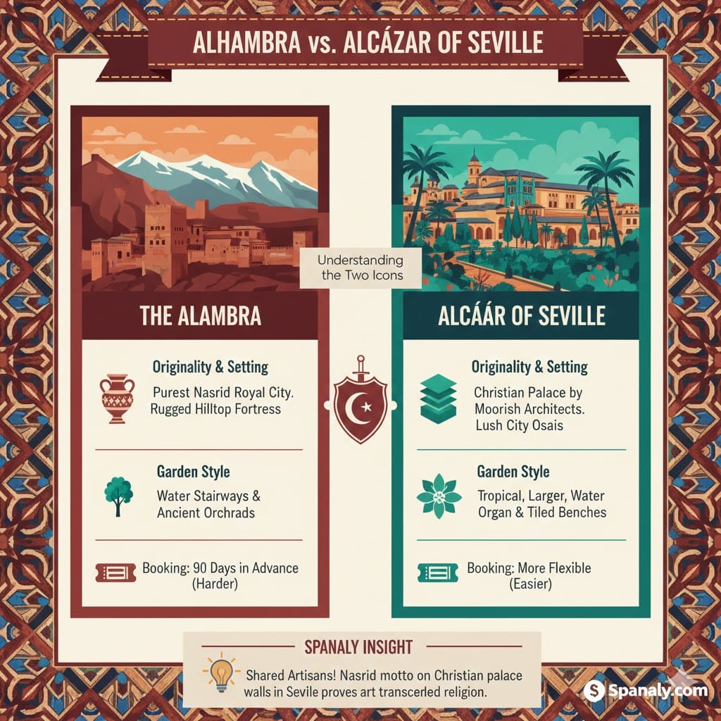 A side-by-side comparison infographic between The Alhambra in Granada and the Alcazar of Seville. It highlights differences in originality, setting (rugged hilltop vs. city oasis), garden styles, and booking difficulty, with a Spanaly insight about shared artisans.