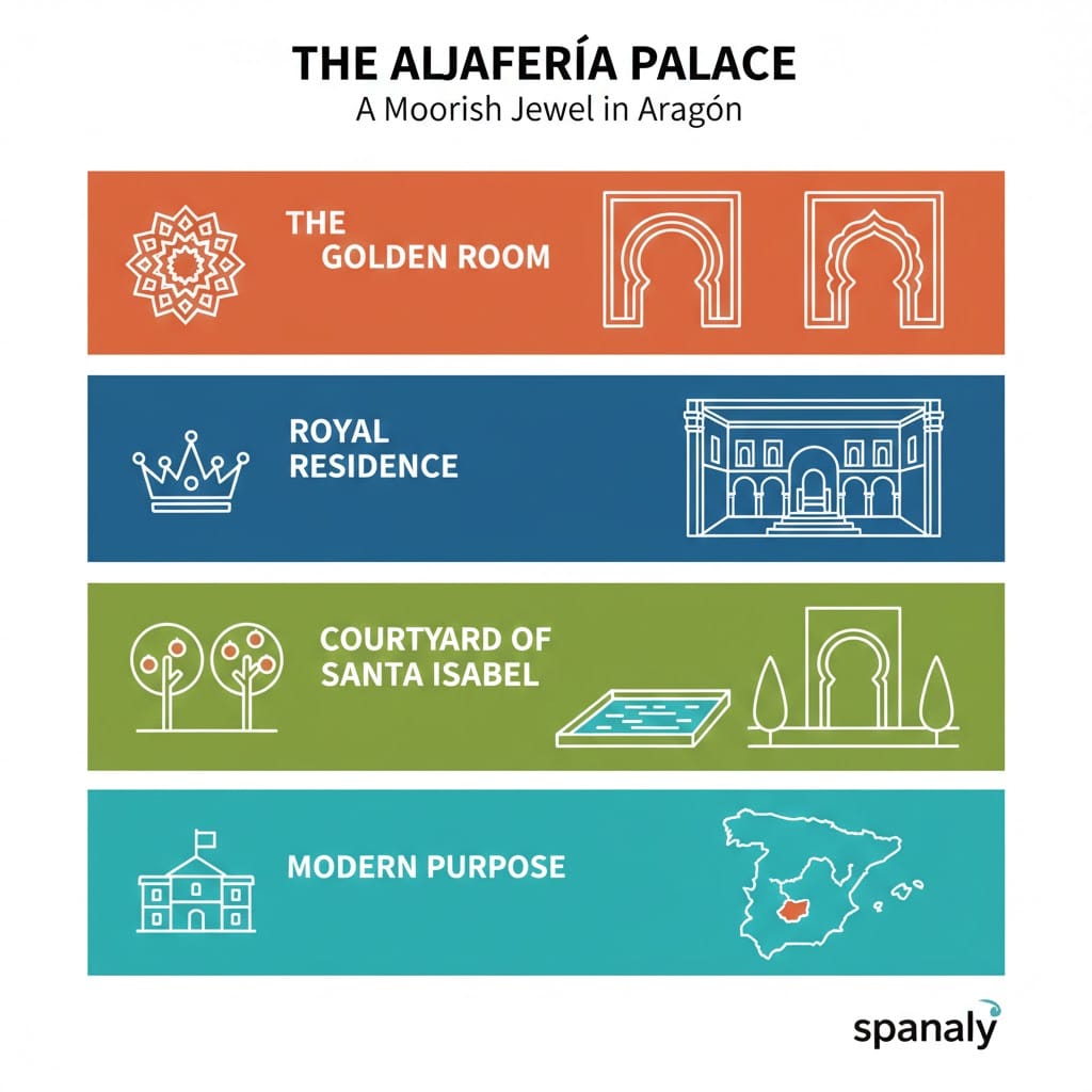 A colorful infographic about Aljafería Palace in Zaragoza featuring icons for the Golden Room, Royal Residence, Courtyard of Santa Isabel, and its Modern Purpose as the Aragonese Parliament.
