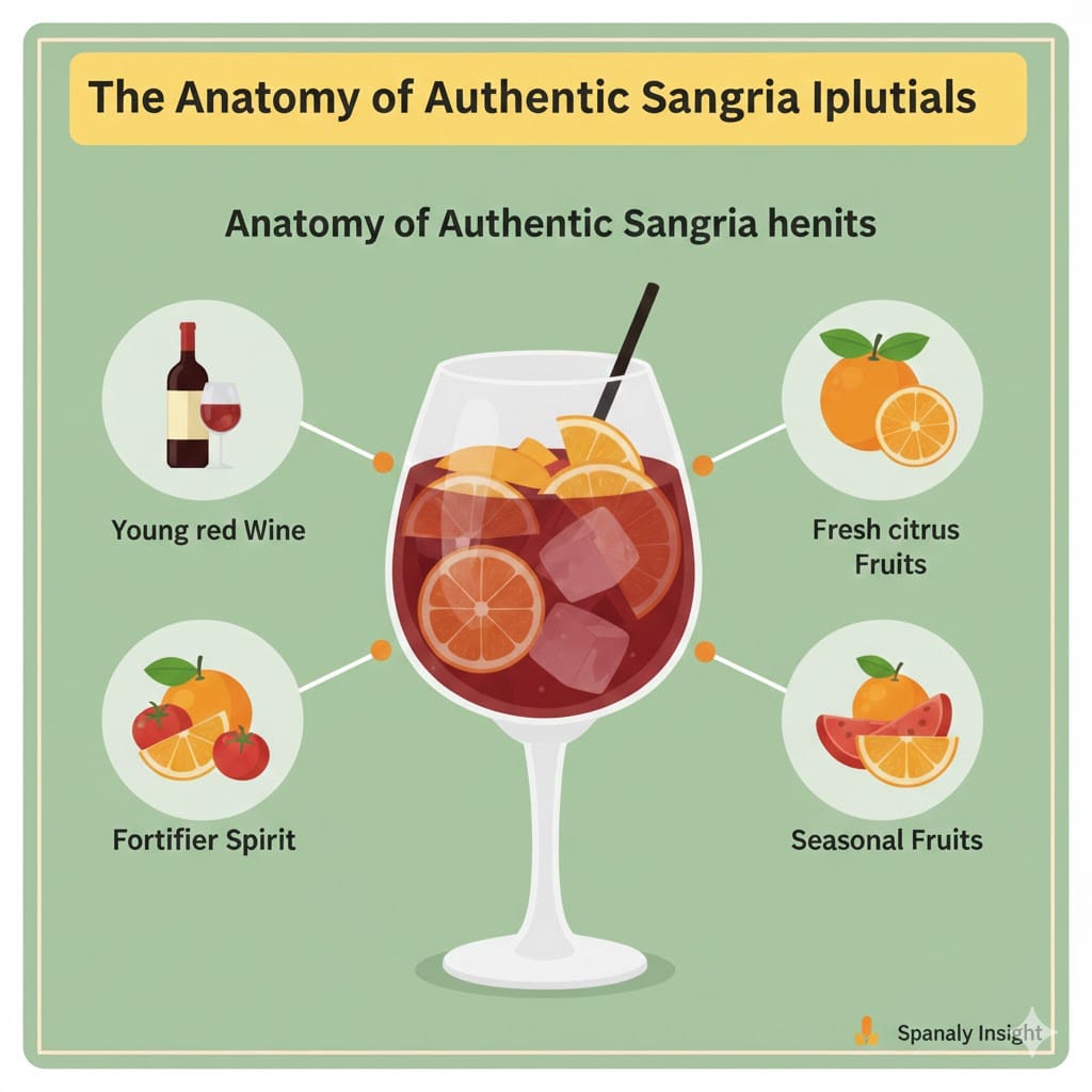 A colorful infographic showing the 4 main components of authentic Sangria: young red wine, fresh citrus fruits, fortifier spirits like brandy, and seasonal fruits like apples and peaches, with a Spanaly Insight tip.