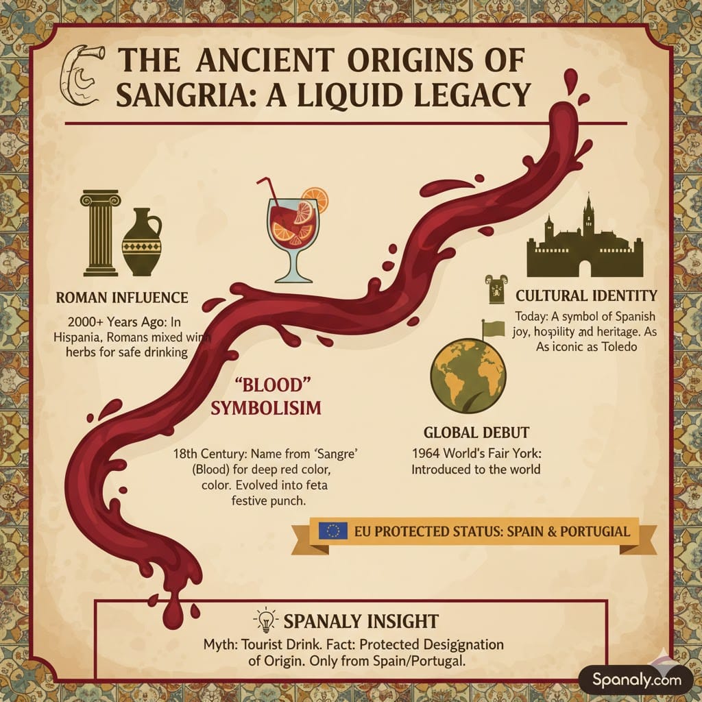 A colorful historical infographic showing the origins of Sangria, featuring Roman influence in Hispania, the blood symbolism of the name, its global debut at the 1964 World's Fair, and its EU protected status.
