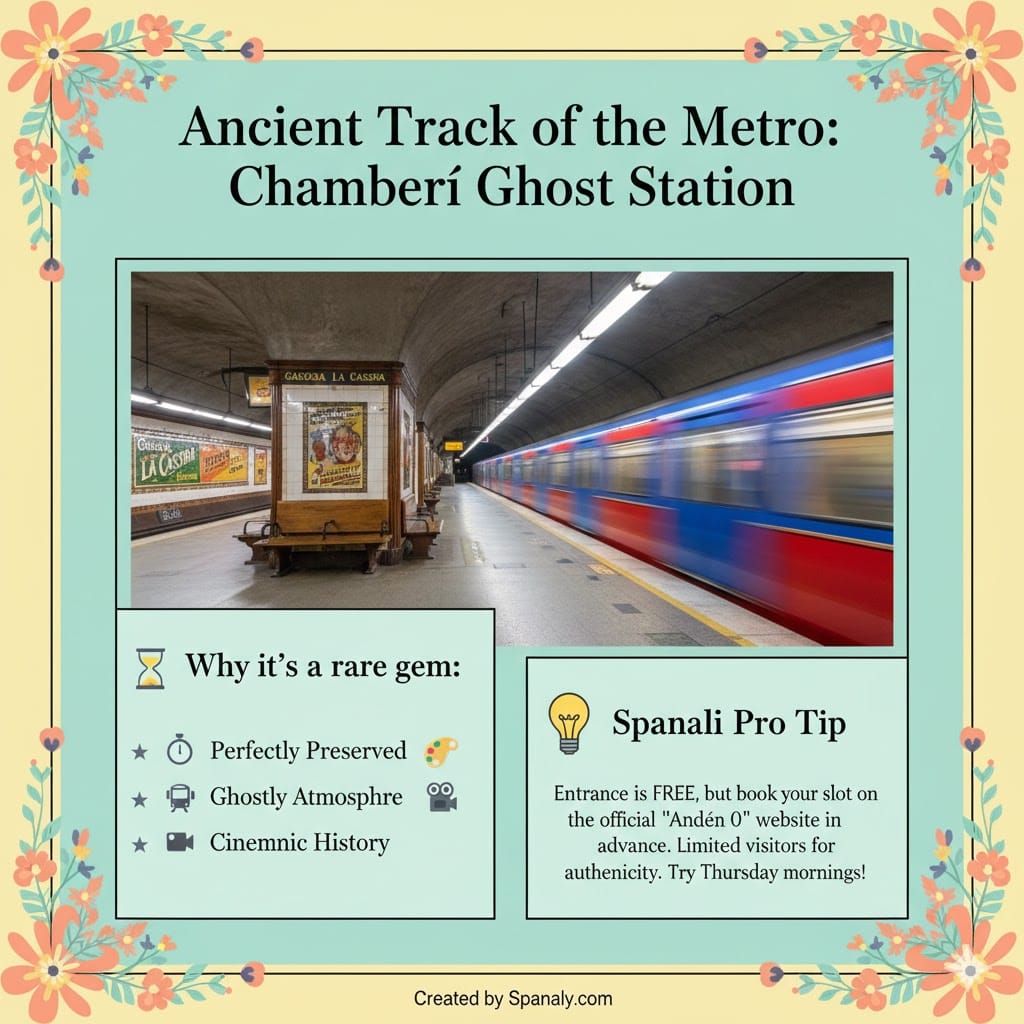 A colorful infographic about Chamberí Ghost Station in Madrid, featuring vintage advertisements, a passing metro train, and travel tips by Spanaly.com.