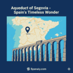 Illustrated map of Spain featuring the Roman Aqueduct of Segovia with a location pin and Spanaly.com branding.