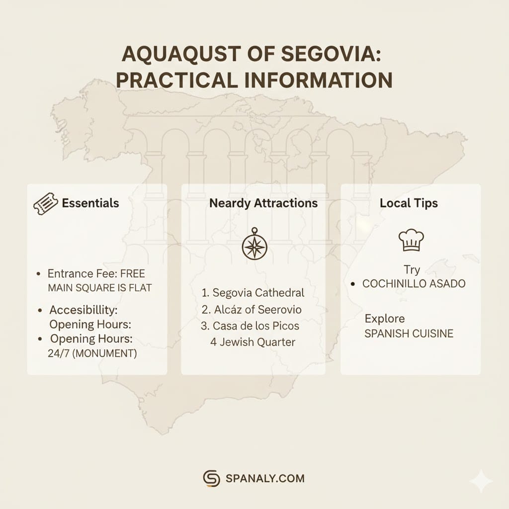 A high-contrast infographic for Segovia Aqueduct practical information featuring a background map of Spain. It covers free entrance fees, accessibility details, and nearby attractions like Segovia Cathedral for Spanaly visitors.