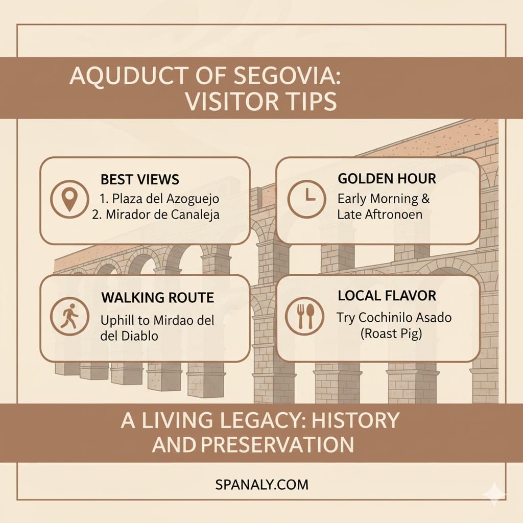 A visitor guide infographic for the Aqueduct of Segovia, highlighting best viewing points like Plaza del Azoguejo, photography tips for golden hour, and nearby Spanish cuisine experiences, created for Spanaly.