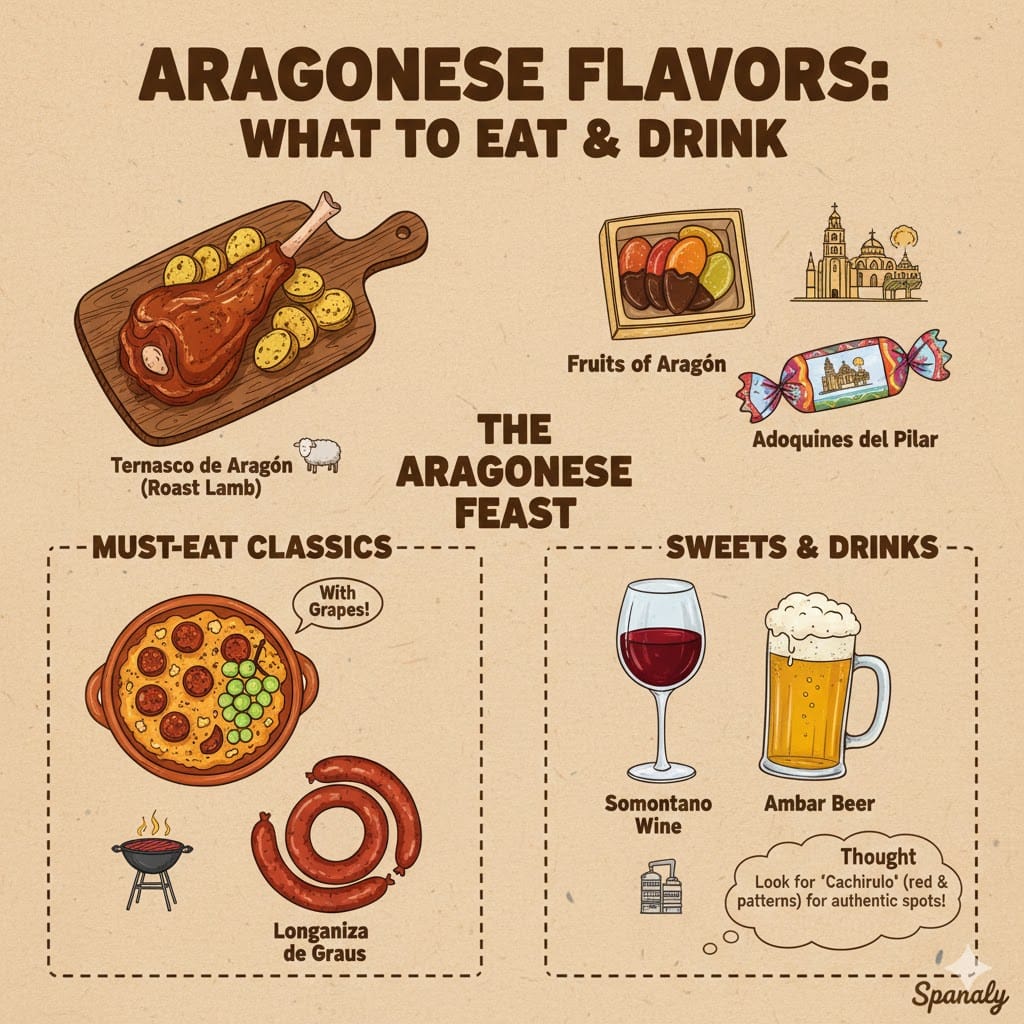 A colorful food infographic titled 'Aragonese Flavors' featuring illustrations of Roast Lamb (Ternasco), Migas with grapes, Somontano wine, and traditional sweets like Fruits of Aragon.
