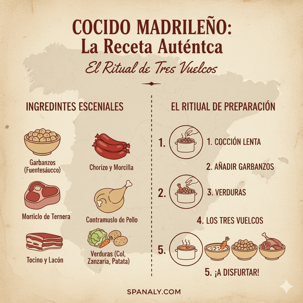 Professional infographic of Cocido Madrileño recipe showing traditional ingredients like Fuentesaúco chickpeas, meat trio, and vegetables with a 4-step preparation guide on a rustic background with the map of Spain - Spanaly.
