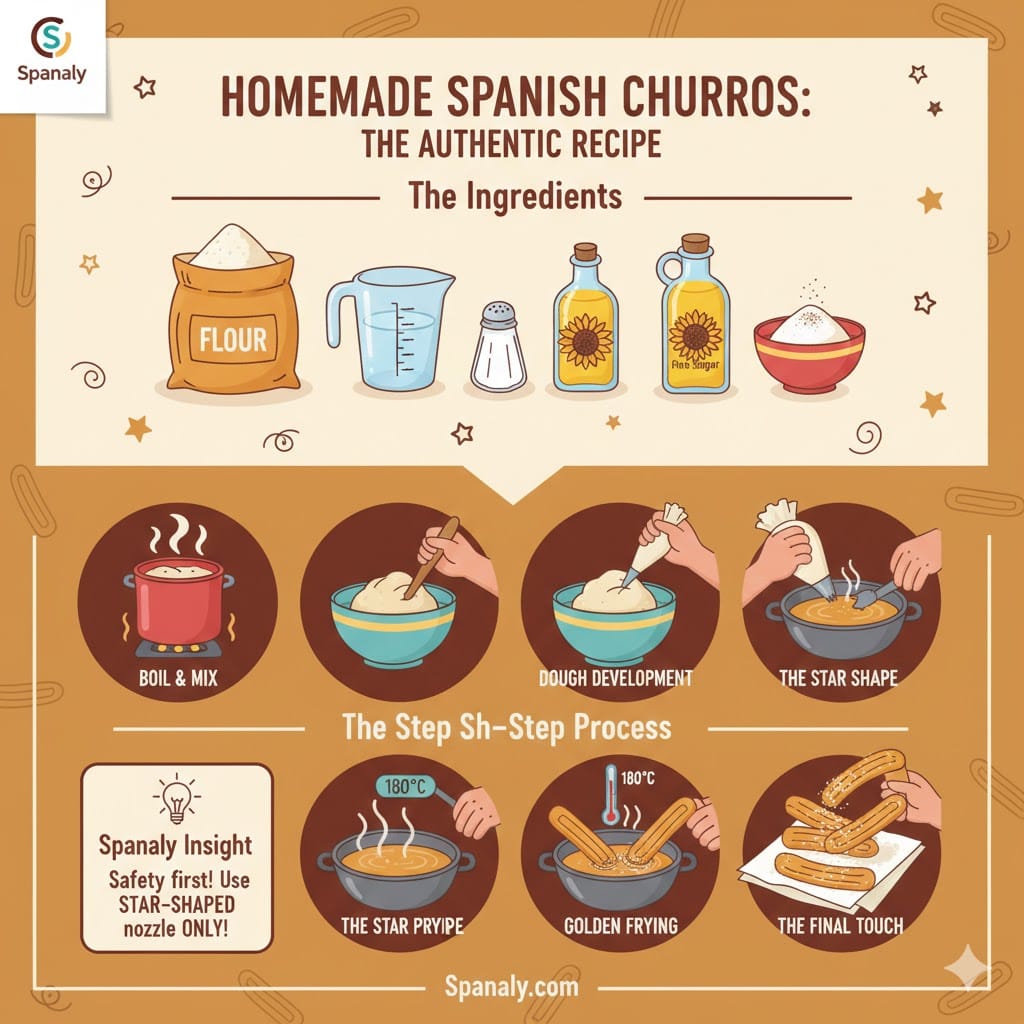 A detailed step-by-step recipe infographic by Spanaly for authentic Spanish Churros. It shows the ingredients (flour, water, salt, oil, sugar) and the 5-step process: boiling water, mixing dough, piping with a star-shaped nozzle, frying at 180°C, and the final sugar dusting, with a safety warning about the star nozzle.