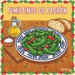 A vibrant, hand-drawn illustration of Pimientos de Padrón on a traditional Spanish plate, featuring olive oil, sea salt, and bread with a festive border - Spanaly.com.