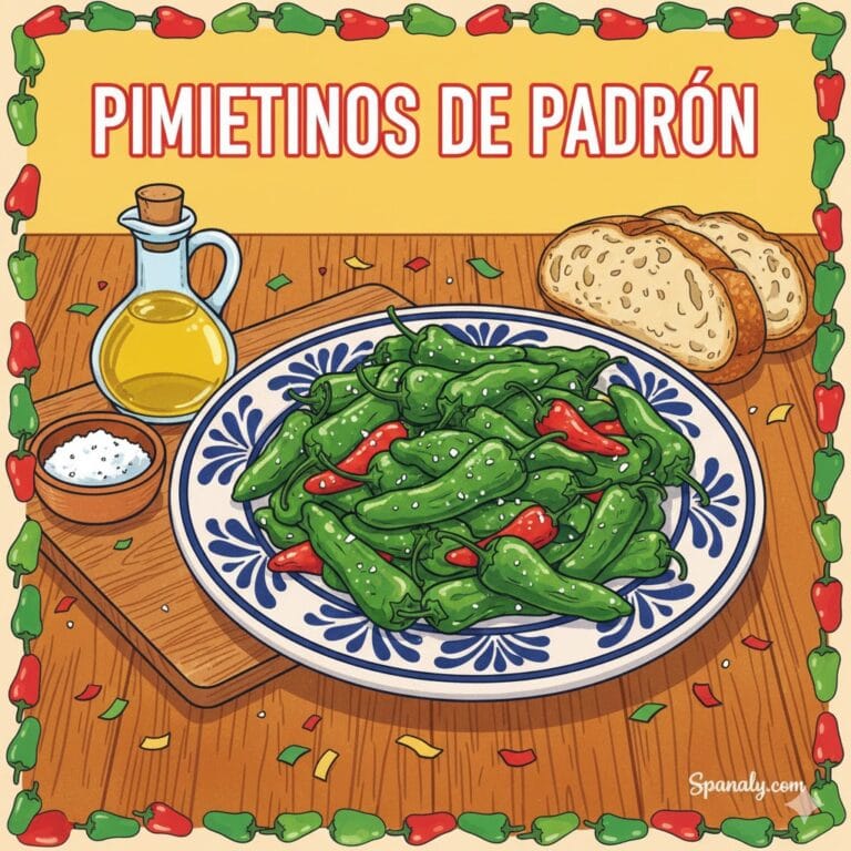 A vibrant, hand-drawn illustration of Pimientos de Padrón on a traditional Spanish plate, featuring olive oil, sea salt, and bread with a festive border - Spanaly.com.
