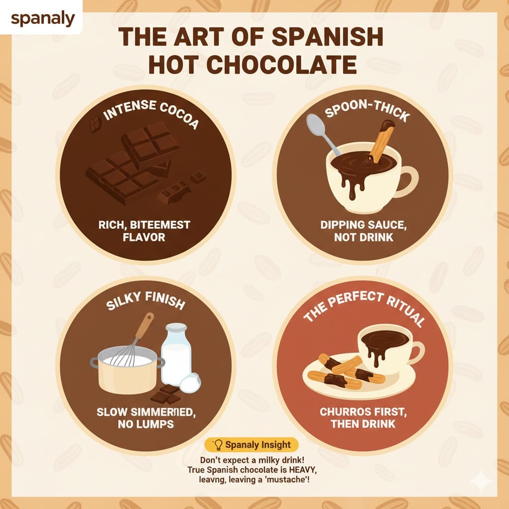 A warm-toned infographic by Spanaly titled 'The Art of Spanish Hot Chocolate'. It illustrates the four pillars of the drink: Intense Cocoa for rich flavor, Spoon-Thick consistency for dipping, Silky Finish through slow simmering, and The Perfect Ritual where churros are dipped before drinking the chocolate.