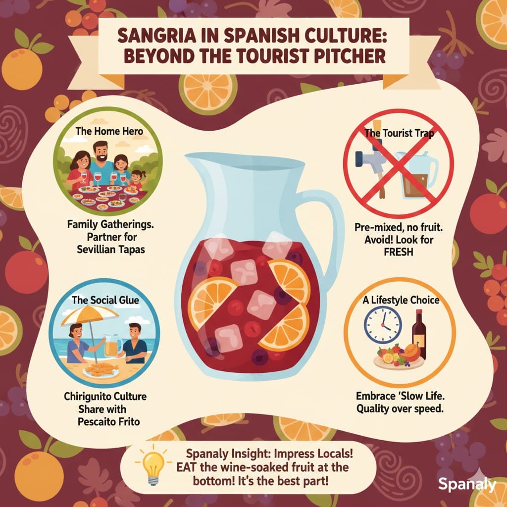An infographic explaining Sangria's role in Spanish culture. It features sections on family gatherings, avoiding tourist traps, the chiringuito beach culture, and a lifestyle choice of quality over speed. Includes a tip about eating wine-soaked fruit.