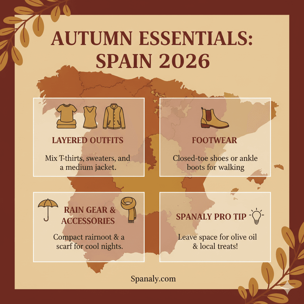 An autumn 2026 Spain travel infographic showing essential packing items: layered outfits, ankle boots, rain gear, and a reminder to leave space for local souvenirs like olive oil.