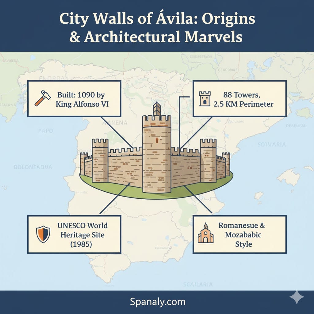 Infographic showing the history and architecture of the City Walls of Ávila, Spain, with a background map and key facts