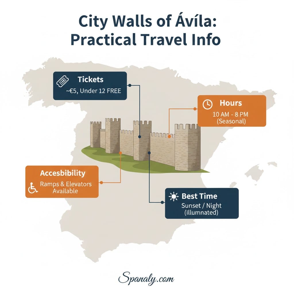 Practical travel information infographic for the City Walls of Ávila, featuring a map of Spain, visit tips, and historical facts in high-contrast boxes for Spanaly.
