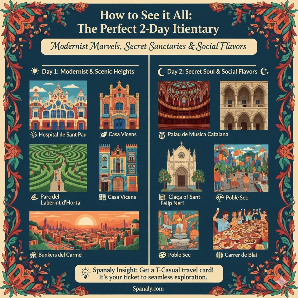 Comprehensive 2-day itinerary infographic for Barcelona hidden gems. Day 1 features Hospital de Sant Pau, Casa Vicens, Parc del Laberint, and Bunkers del Carmel. Day 2 features Palau de la Música, Santa Anna, Plaça de Sant Felip Neri, Poble Sec, and Carrer de Blai.