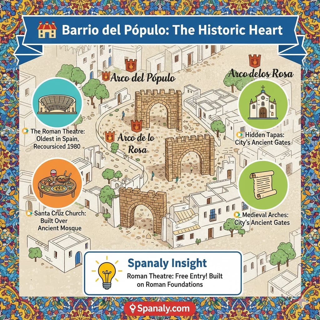 An illustrated guide to Barrio del Pópulo in Cádiz, showing its medieval arches (Arco del Pópulo, Arco de la Rosa), the Roman Theatre discovered in 1980, Santa Cruz Church built over a mosque, and Spanaly.com branding.