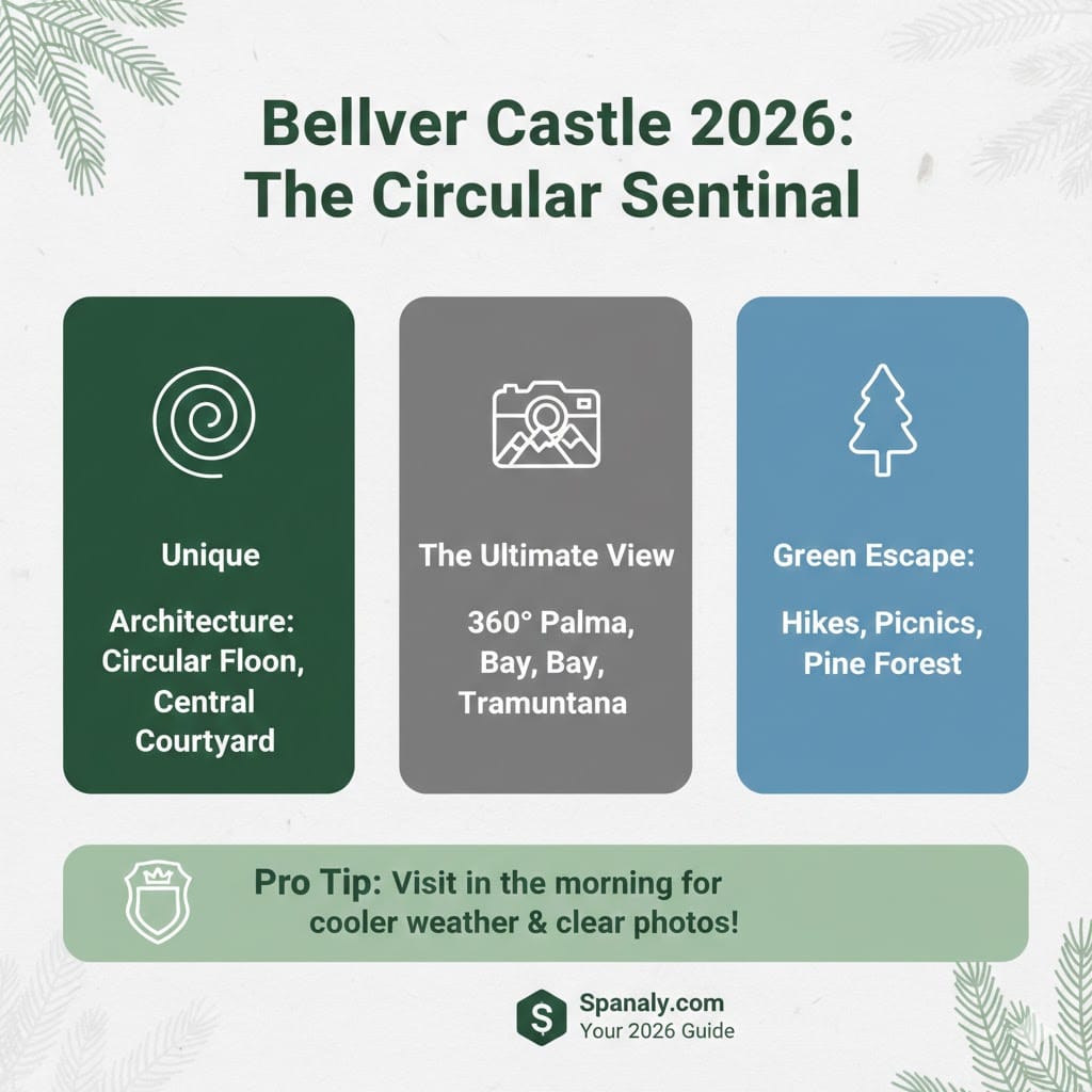 Infographic of Bellver Castle in Palma de Mallorca for 2026, highlighting its unique circular Gothic architecture, 360-degree panoramic views of the bay, and the surrounding pine forest for hikes, by Spanaly.com.