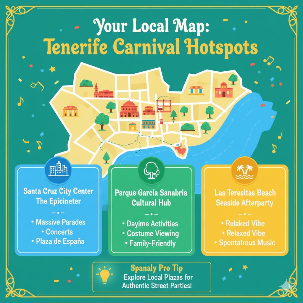 A colorful map infographic showing the best locations to experience Tenerife Carnival, including Santa Cruz City Center, Parque García Sanabria, and Las Teresitas Beach with travel highlights.