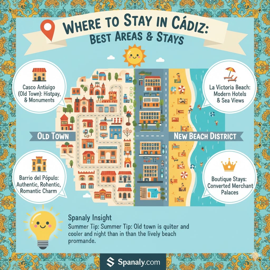 A colorful infographic showing the best areas to stay in Cádiz, Spain. It compares the Old Town (Casco Antiguo) for history, La Victoria Beach for modern hotels, and Barrio del Pópulo for romantic charm. Includes a summer tip about the old town being cooler and quieter at night.
