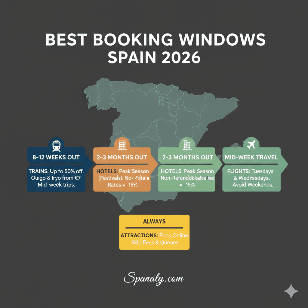 Comprehensive 2026 infographic for Spain travel booking windows: 8-12 weeks for trains, 2-3 months for hotels, and mid-week flight hacks by Spanaly.com.