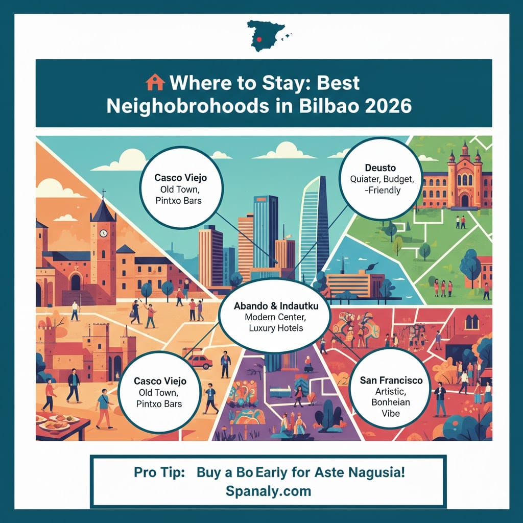 An informative infographic showing the best neighborhoods to stay in Bilbao including Casco Viejo, Abando, and Deusto with travel tips for 2026.