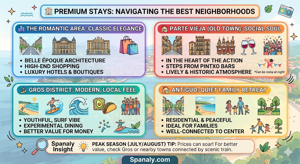Infographic guide to the best neighborhoods to stay in San Sebastian featuring the Romantic Area, Old Town, Gros District, and Antiguo.