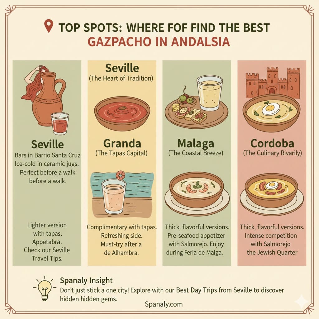 A travel infographic showing the top spots for Gazpacho in Andalusia: Seville (Barrio Santa Cruz), Granada (tapas style), Malaga (coastal version), and Cordoba (historic Jewish Quarter). Includes a Spanaly Insight about taking day trips from Seville to find hidden culinary gems.
