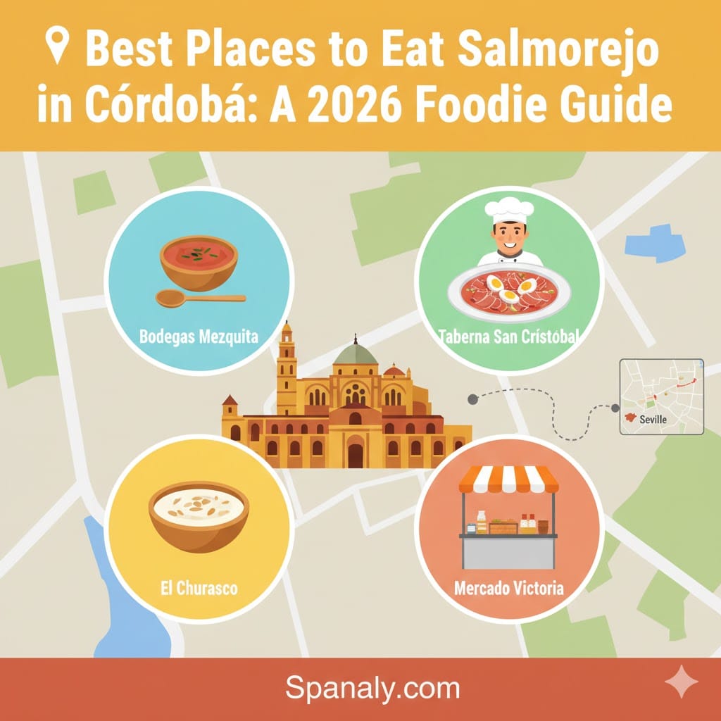 A vibrant 2026 foodie guide infographic map by Spanaly showing top places to eat Salmorejo in Córdoba, including Bodegas Mezquita, Taberna San Cristóbal, El Churrasco, and Mercado Victoria, with a Seville travel connection.
