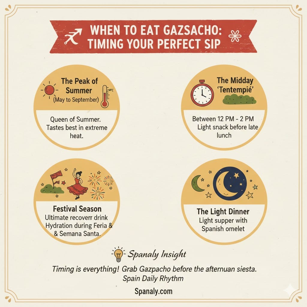 A colorful infographic titled When to Eat Gazpacho: Timing Your Perfect Sip. It covers four ideal times: The Peak of Summer (May to September), The Midday 'Tentempié' (12 PM - 2 PM), Festival Season (Feria & Semana Santa), and The Light Dinner. Includes a Spanaly Insight about the afternoon siesta and Spain Daily Rhythm.