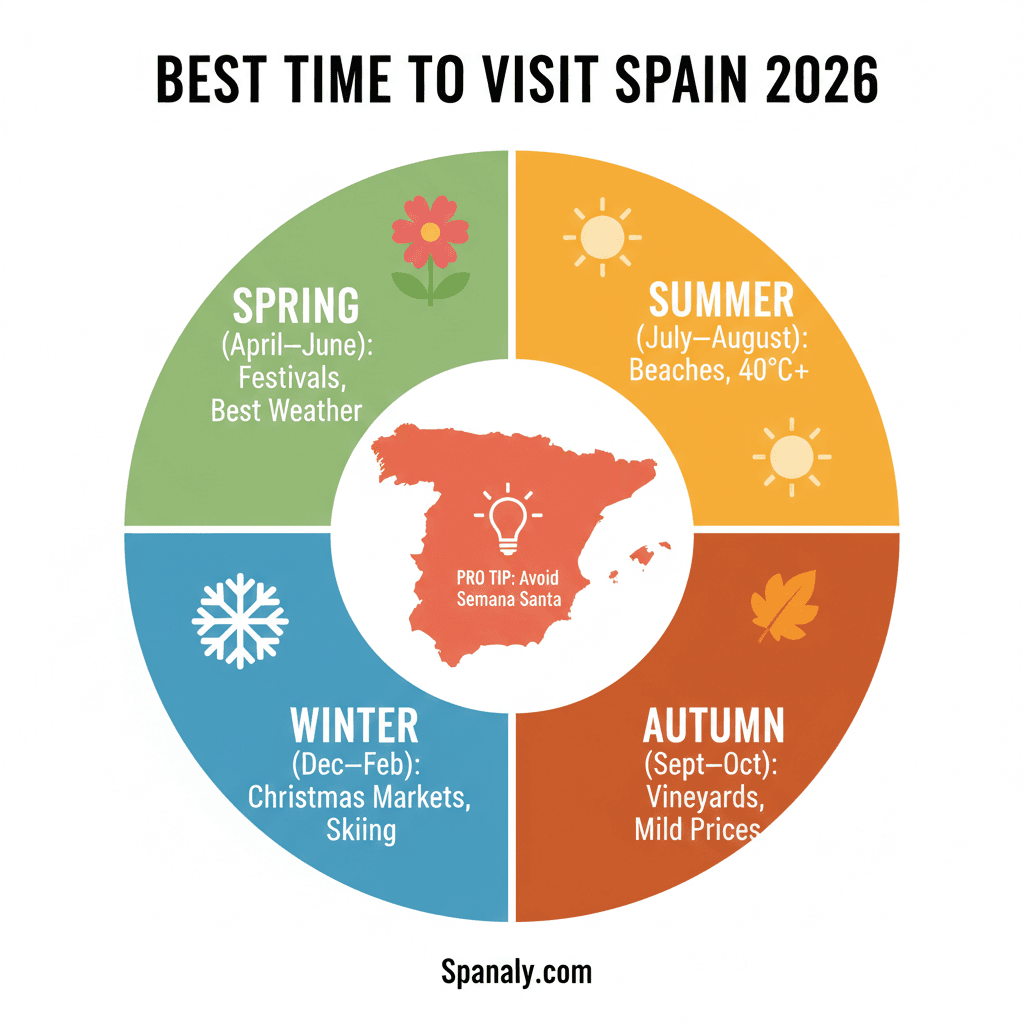 A professional 2026 vector infographic for Spanaly.com titled BEST TIME TO VISIT SPAIN 2026. It features a seasonal wheel with icons for Spring (Festivals), Summer (Beaches), Autumn (Vineyards), and Winter (Christmas Markets) around a central map of Spain.