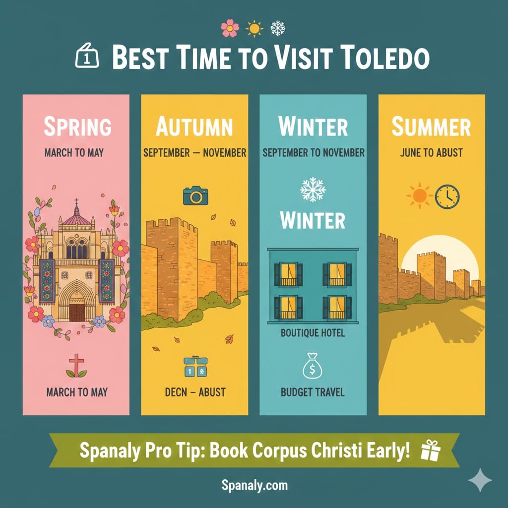 A vibrant infographic titled Best Time to Visit Toledo, divided into four seasonal columns. Spring shows a decorated cathedral with flowers. Autumn features golden stone walls and a camera icon. Winter displays a boutique hotel for budget travel. Summer illustrates a sun over the city fortifications. A footer includes a Spanaly Pro Tip about booking Corpus Christi early.