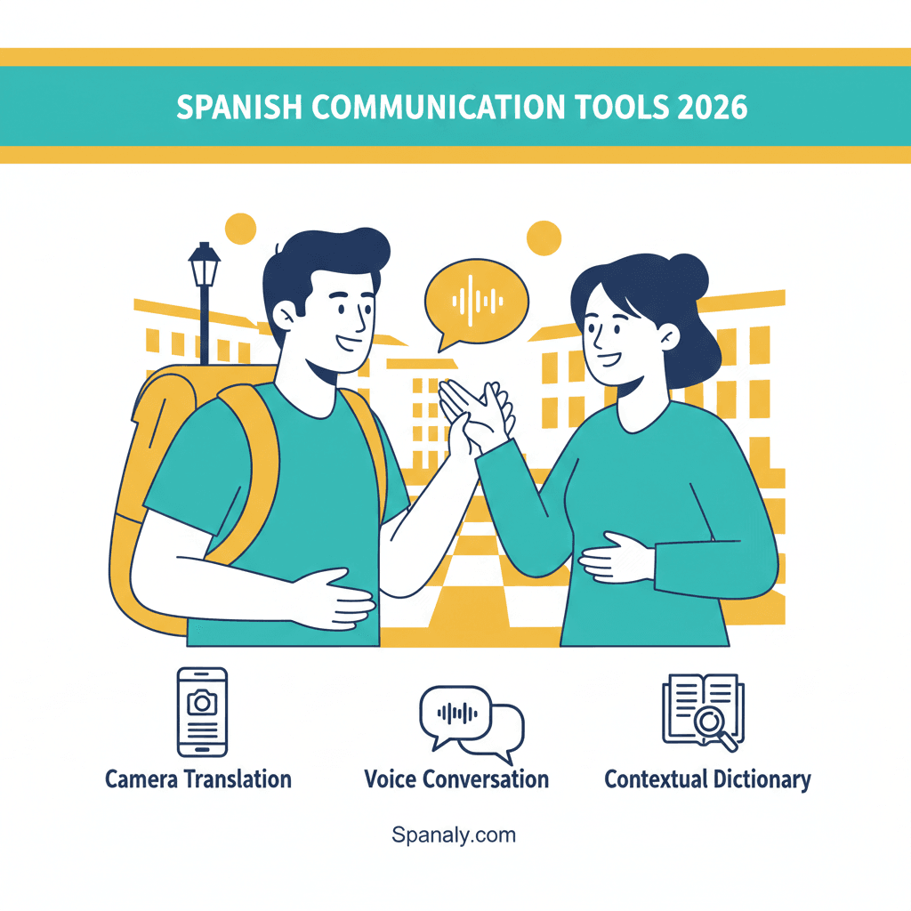 A flat vector illustration for Spanaly.com titled SPANISH COMMUNICATION TOOLS 2026. It features drawn characters interacting with app icons for Camera Translation, Voice Conversation, and a Contextual Dictionary in a teal and yellow color palette.