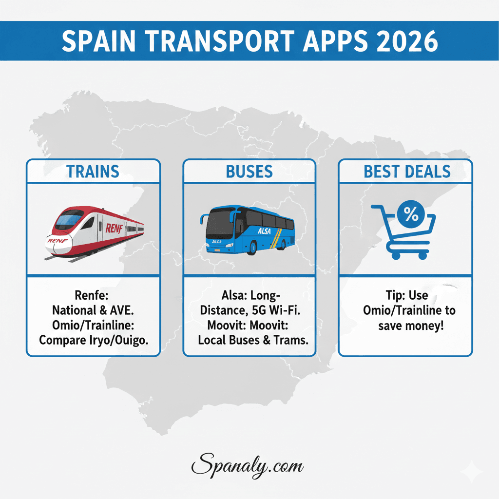 A professional 2026 infographic for Spanaly.com titled SPAIN TRANSPORT APPS 2026, comparing Renfe for trains, Alsa for long-distance buses, and Omio for finding the best deals across Iryo and Ouigo operators.