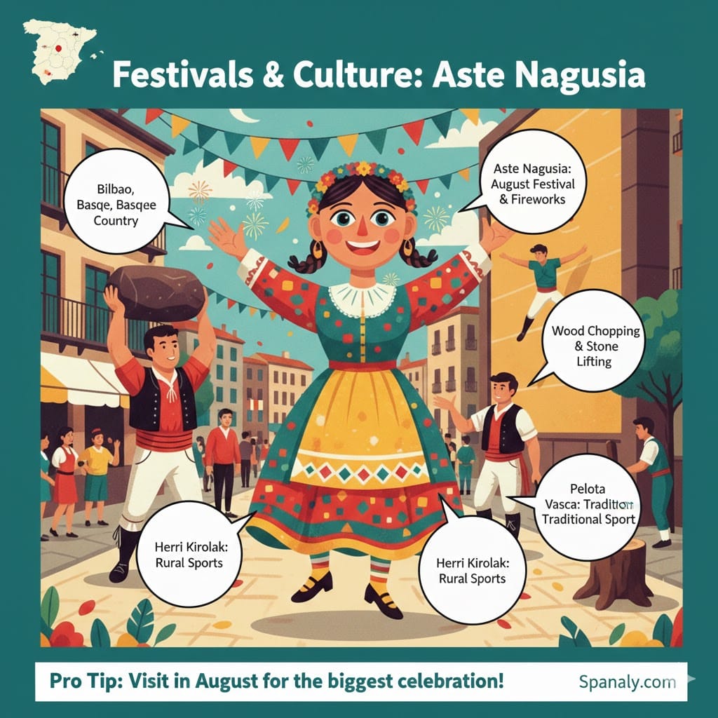 An infographic of Bilbao's festivals featuring Marijaia from Aste Nagusia, Basque rural sports, and a map of Spain with detailed information bubbles.