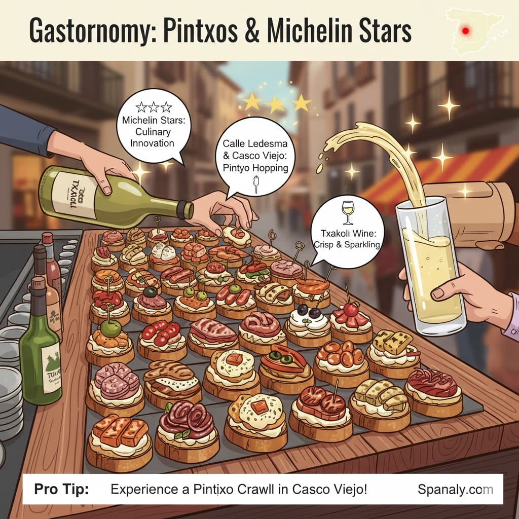 An informative infographic of Bilbao's food scene featuring Basque pintxos, Txakoli wine, and Michelin stars with a Spain map pointing to Bilbao.