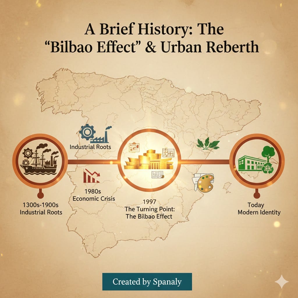 A detailed timeline infographic of Bilbao's history from its industrial roots in 1300 to the 1997 Bilbao Effect and its 2026 modern identity, featuring a map of Spain background.